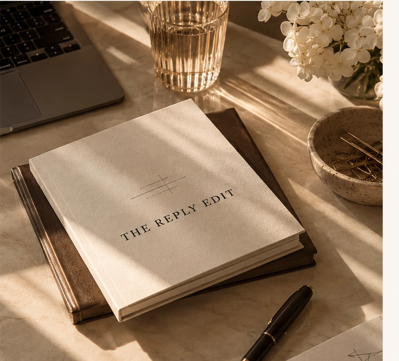 Warm editorial desk flatlay with The Reply Edit notebook, laptop and stationery